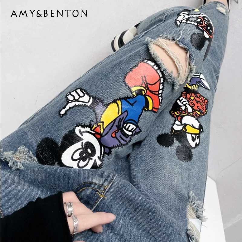 Women's Jeans Cartoon torn jeans womens small print loose high waisted fashionable harem pants Trouser straight jeans hot girl H241130