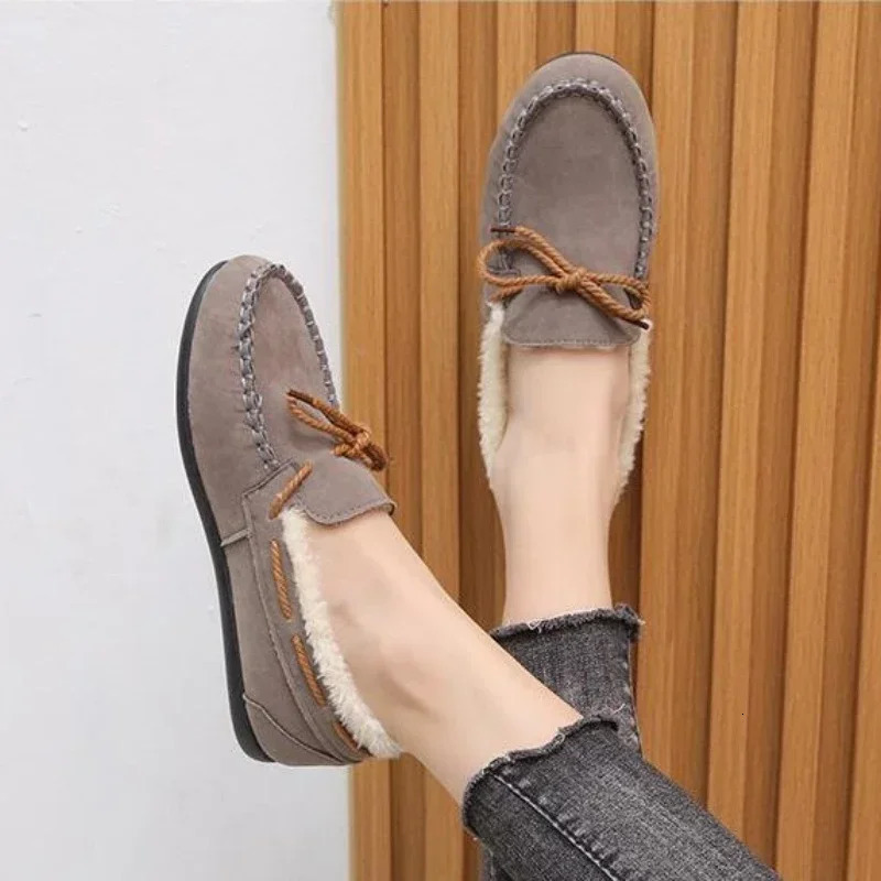 Winter Shoe Casual Flat Shoes Moccasins Soft Loafers Fashion Comfort Warm Plush Bow Slip on Female Cotton 241126