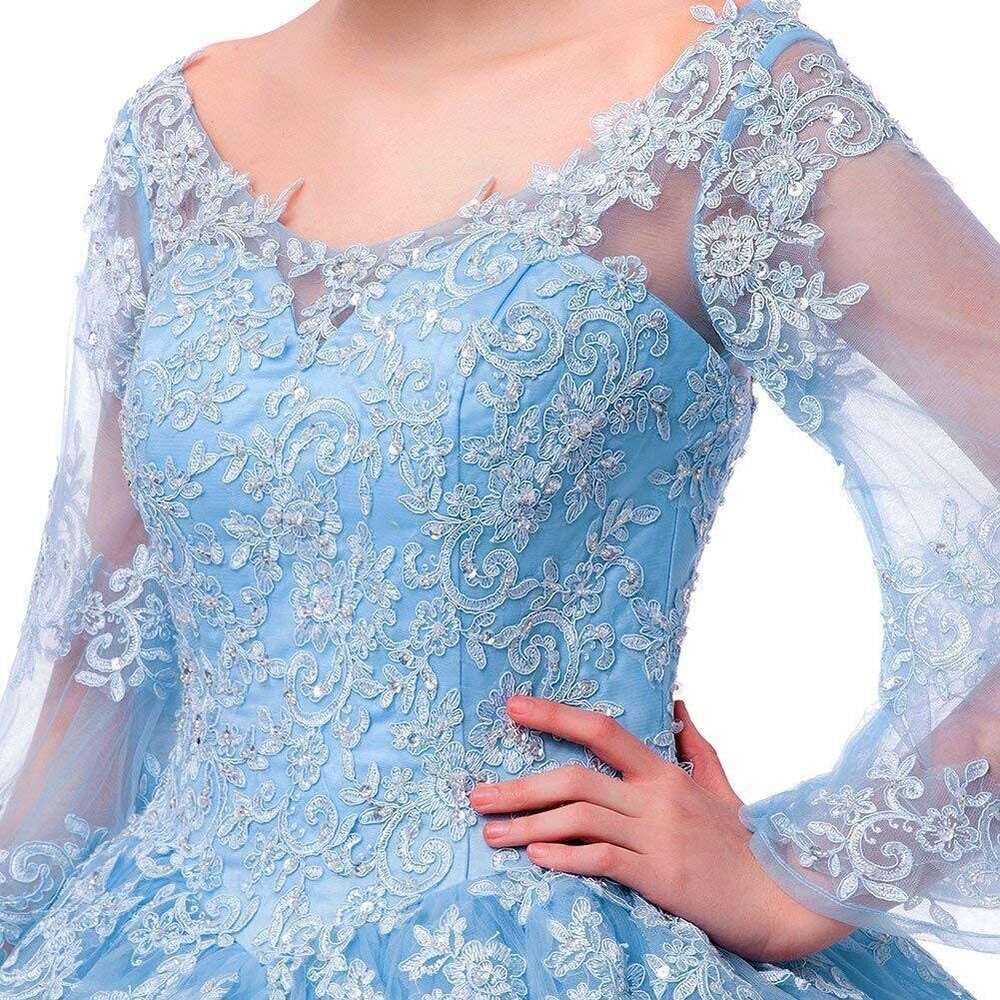 Quinceanera Lace Appliques Dresses Ball Gown Long Sleeves Tulle Prom Dress prom