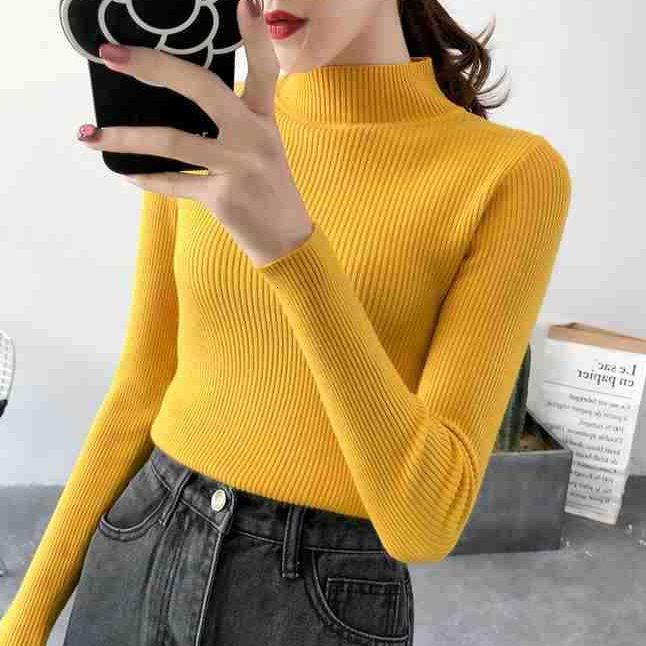New women's semi high neck slim knit sweater Korean version autumn and winter clothing new lining long sleeved top designer sweater