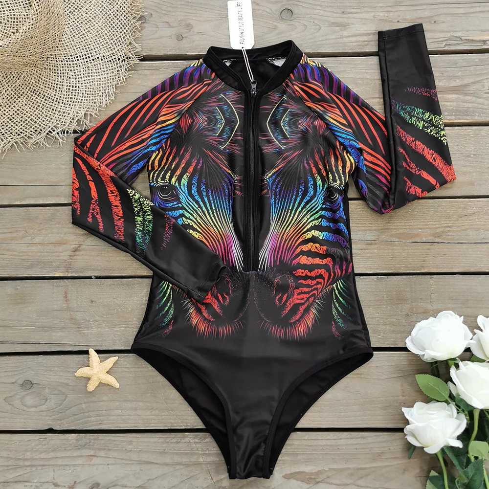 Women's Swimwear Surfing sports swimsuit one-piece long Slves womens swimsuit skeleton zipper high-quality swimsuit Halloween is coming H241130