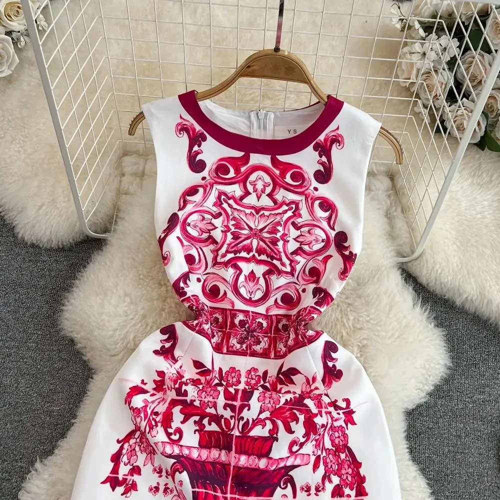 Summer Fashion Sleeveless Red Blue And White Porcelain Dress For Women Runway O-Neck Flower Print Holiday Tank Mini Vestidos 240423
