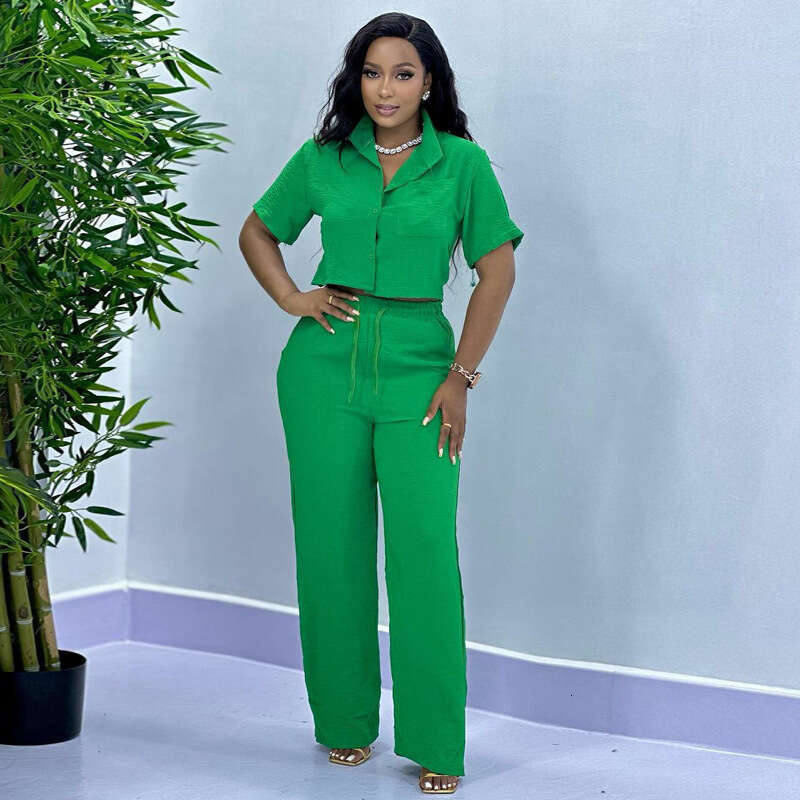 African Suit Summer Solid Color Casual Plus Size Foreign Trade Short Sleeved Shirt Long Pants Women's European And American Two-Piece Set