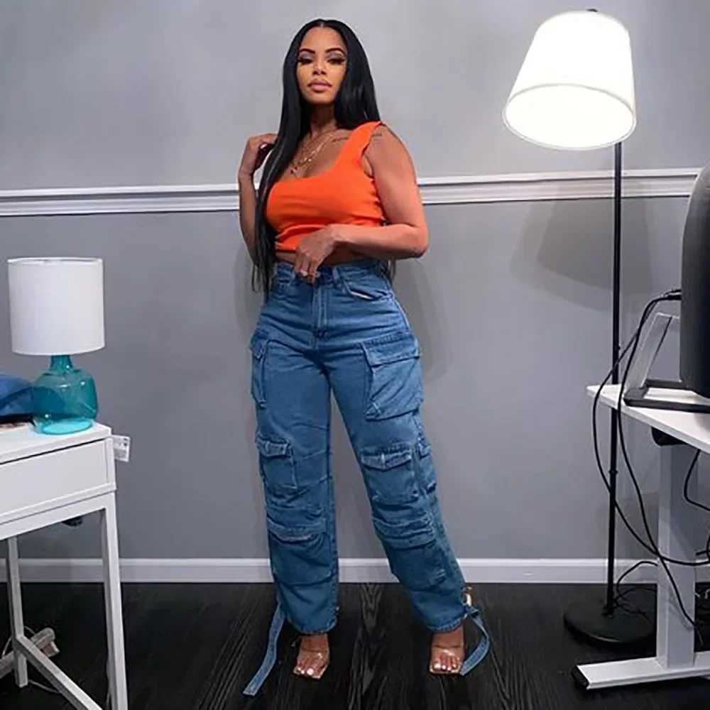 Women's Jeans Solid casual bags womens cargo pants young womens Trousers multi pocket fashionable retro womens high waisted wide pants H241130