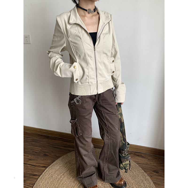 Brown Spliced High Rise Flare Jeans For Women Streetwear Y2k Aesthetic Cargo Jean Pants Vintage Denim Trousers Grunge Fairycore