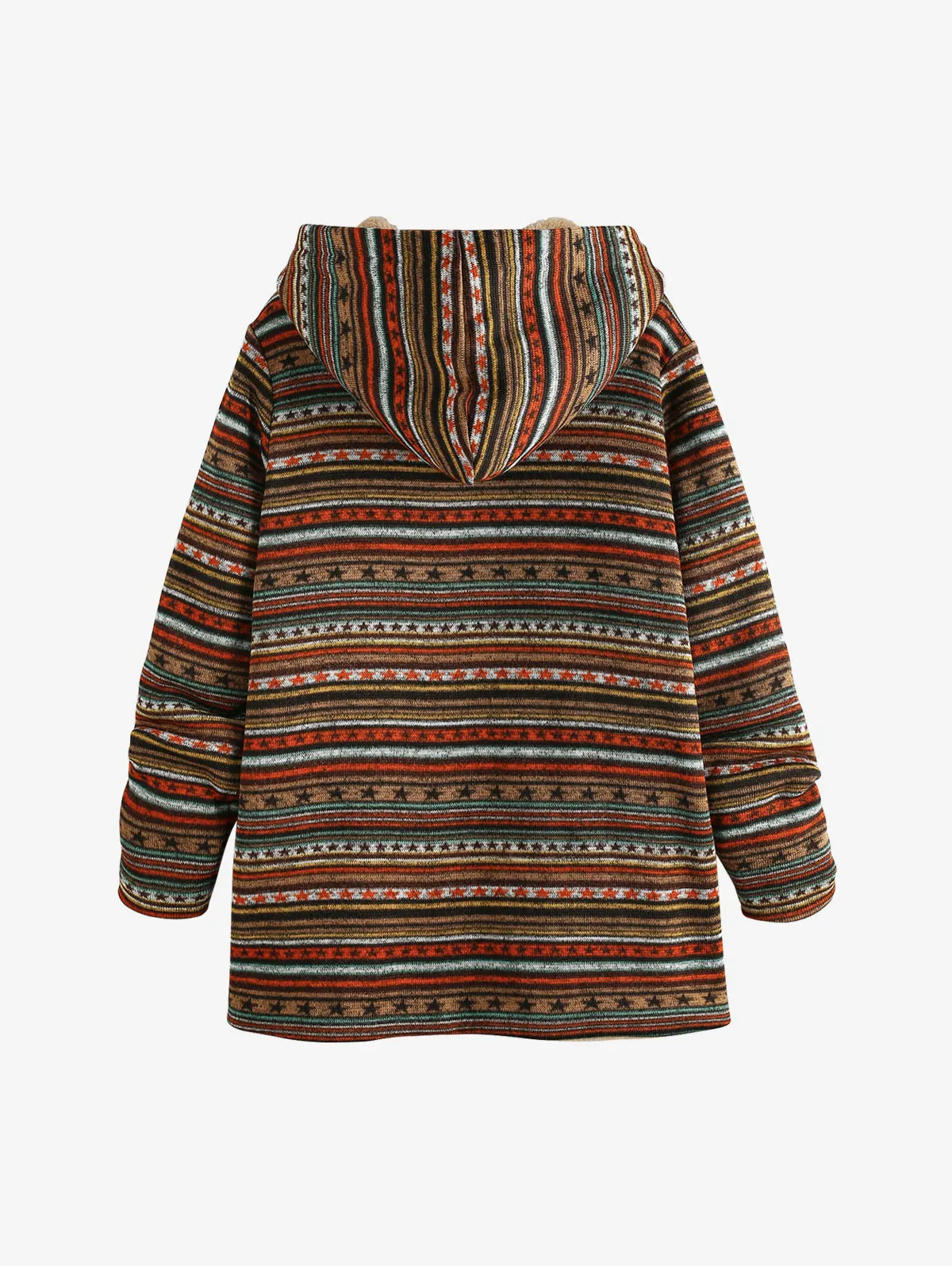 Ethnic Print Faux Fur Lined Hooded Zip Coat Female Long Fuzzy Jacket Winter Clothe Outerwear 241129