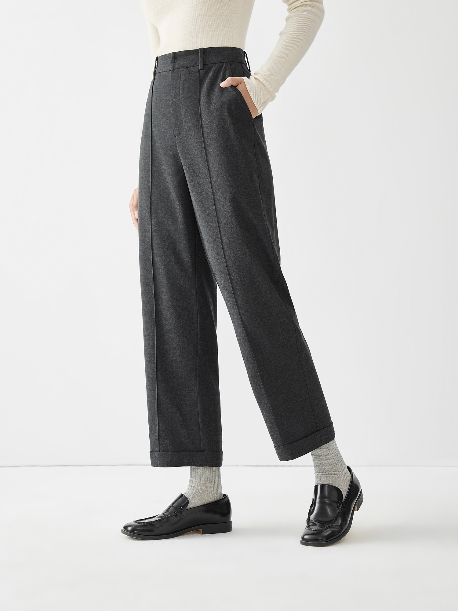 Women Winter Trousers Office Lady Dark Grey Cropped Commuter Pants High Waist Twill Straight Khaki Pant 24Fs14700