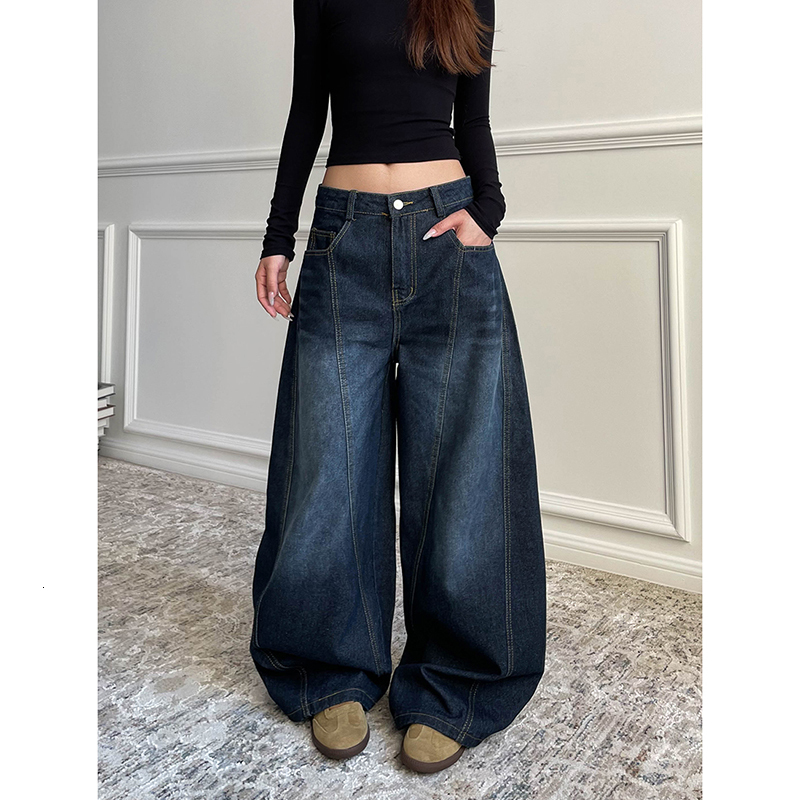 Blue Women's Retro Y2k 2000S Wide Leg Baggy Casual Denim Trouser High Waist Loose Jeans 2024 Autumn Haruku Full Length Pants