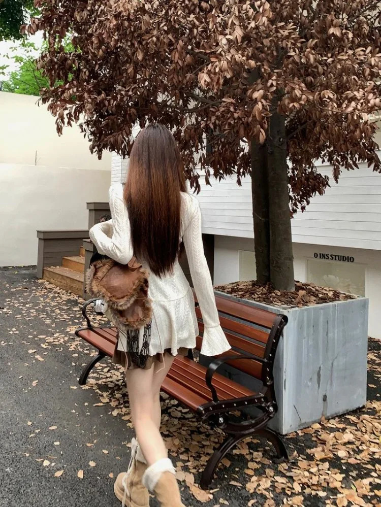 American Retro Slim Fit Camisole Dress for Women Ruffles Long Sleeve Knitted Cardigan 2024 Autumn Two Piece Sets 241129