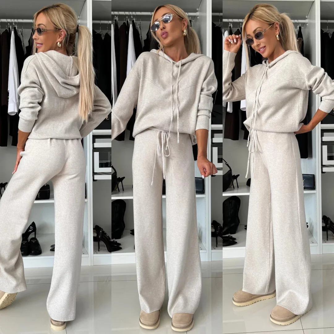 2025 Spring Autumn Womens Tracksuit Female Solid Color Hooded Longsleeved Tops Laceup Wideleg Pants Trouser Sets 241129