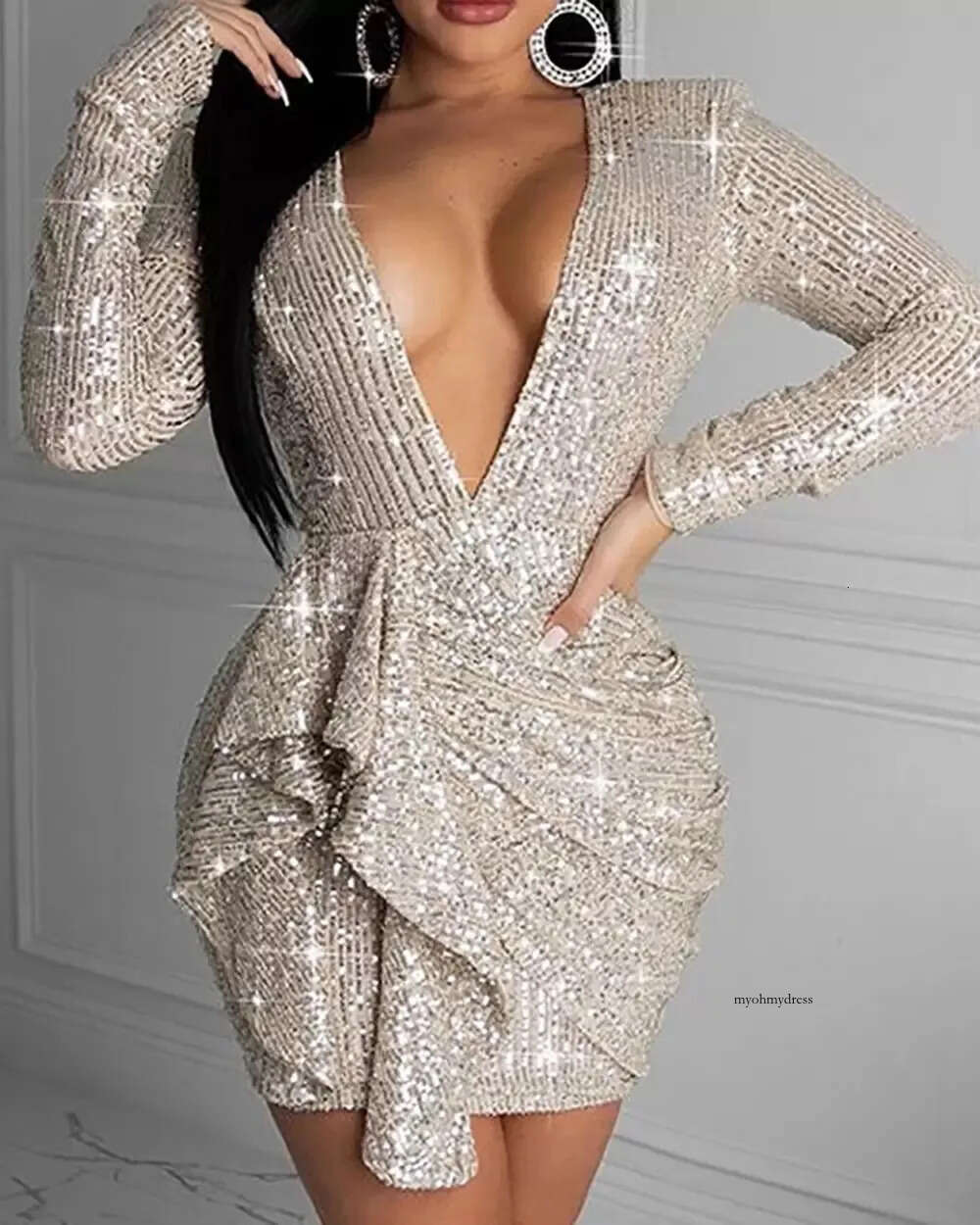 Women Plus Size Sequin V Neck Backless Bodycon Dress Femme Ruffles Deco Evening Robe Lady Party Clothing Vestidos 0431