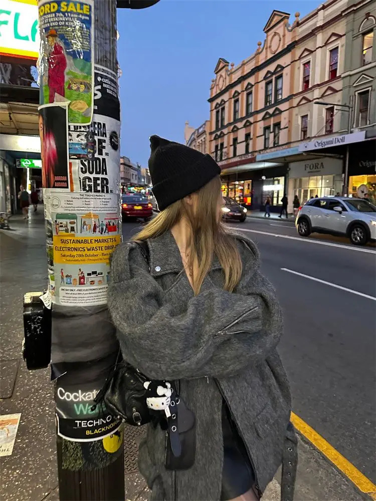 Korean Fashion Spicy Girl Style Highend Woolen Coat Women Clothing Winter Clothes Temperament Mid Length Gray Suit 241129