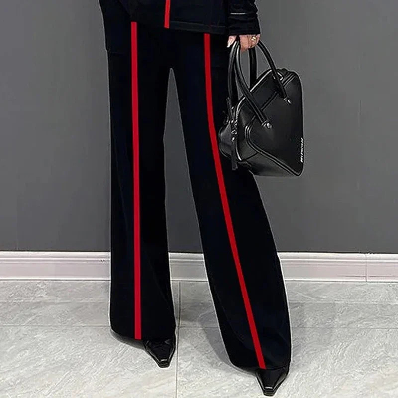 Yeezzi Womens Fashion Two Piece Sets Long Sleeves Loose Striped High Neck TShirts Waist Wide Leg Pants Suits 2024 241129