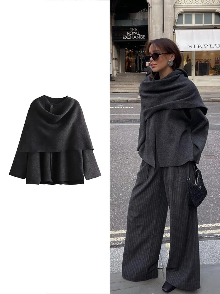 TRAF Womens Autumn and Winter Irregular Scarf Knit Short Coat Casual Solid Color Loose Jacket SingleBreasted Long Sleeve 241121