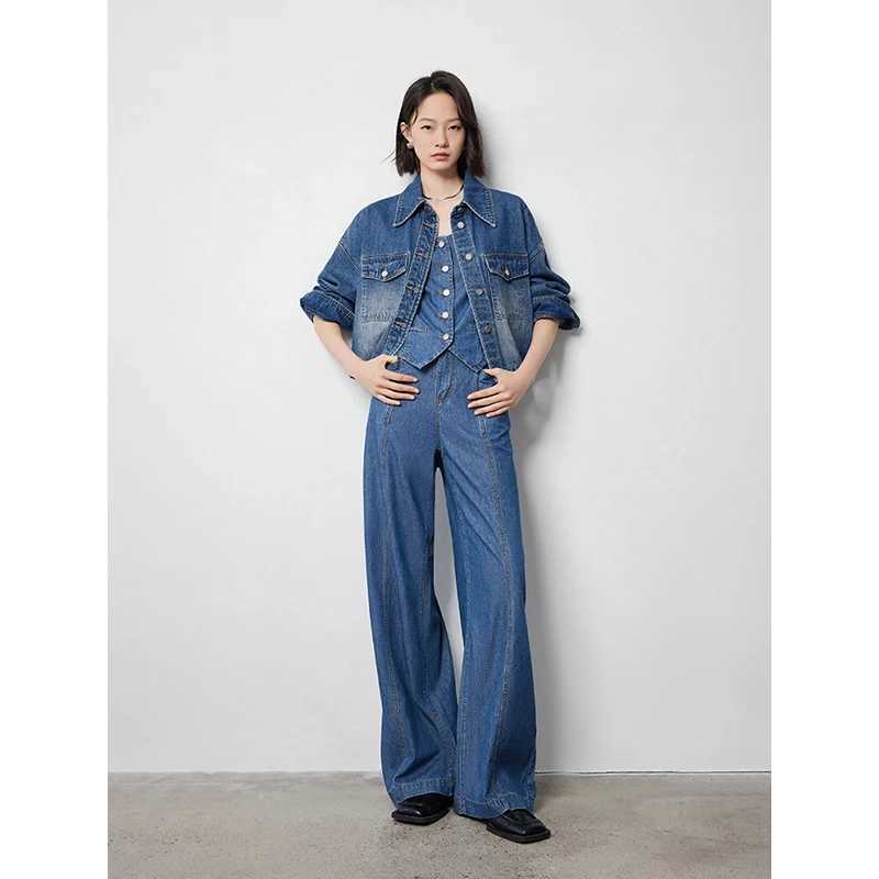 Women's Jeans TOYOUTH Womens Denim Jeans 2024 Autumn New Collection Splicing Wide Leg Stright Towing Versatile Pants H241130