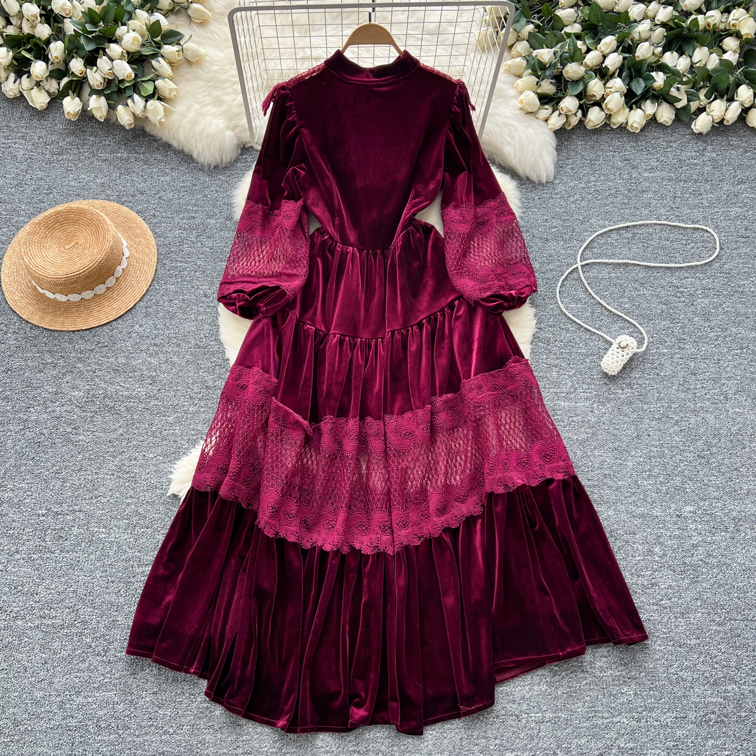 Casual Dresses French Vintage Lace Embroidery Patchwork Velvet Lantern Sleeve Maxi Dress Pearls Buttons Belt Lace Up Wedding Party Prom Vestido 2025
