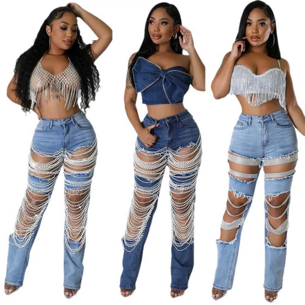 Women's Jeans Womens large hole pearl chain decoration womens denim straight leg pants summer sexy full-length jeans H241130