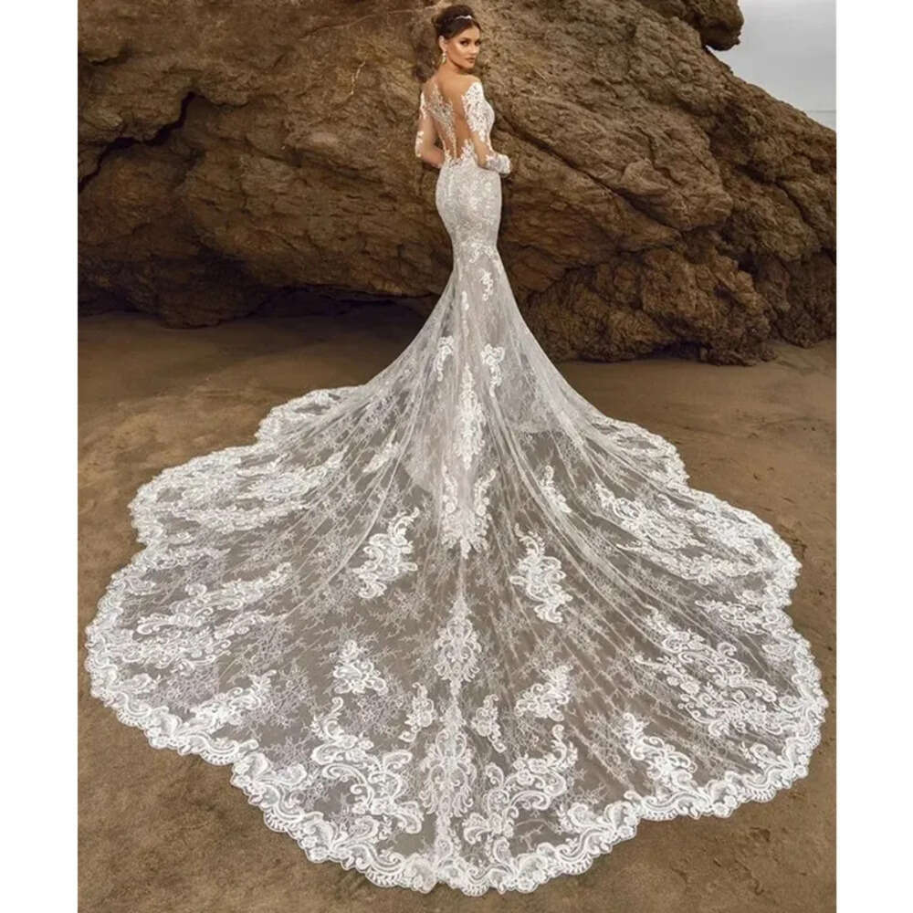 Bridal Mermaid Long Gowns Lace Illusion Scoop Necke Full Sleeves Chapel Train Plus Size Wedding Dresses Vestidos De Novia 6660306