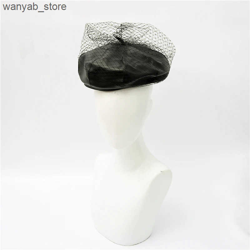 Berets 2022 New spring summer Black Hat Chic Leather French Beret With Veil Mesh Show Double Layer Women Beret Beanies Cap L240910