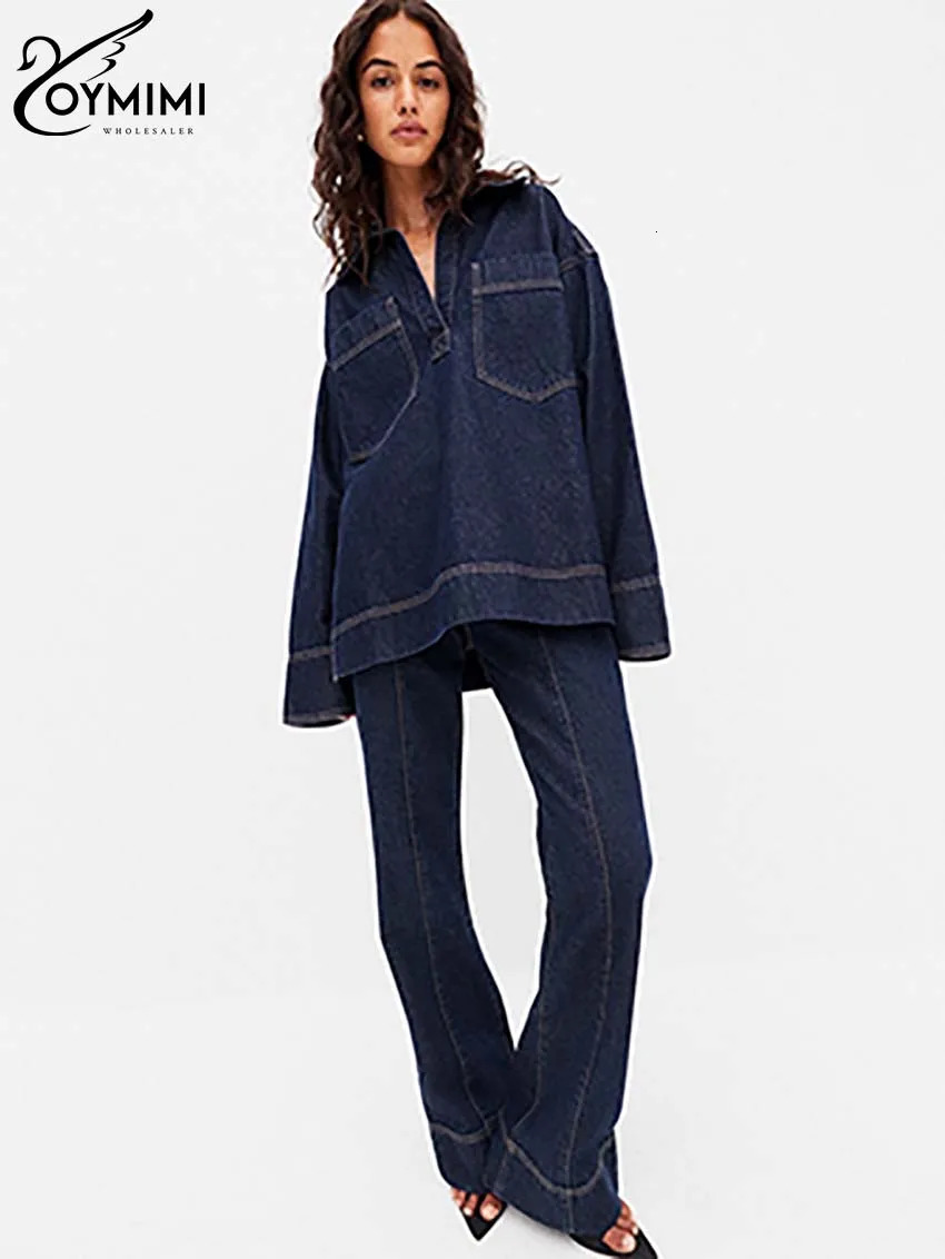 Oymimi Fashion Blue Denim Womens 2 Piece Outfit Set Elegant Long Sleeve Pockets Blouses And High Waisted Straight Trousers Sets 241129