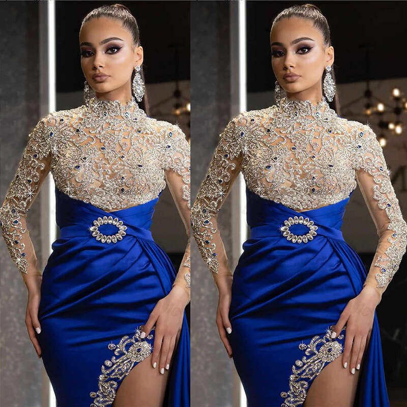 European American women's blue gold sprinkled split splicing half high neck evening dress 2024 new style chic and elegant clothing