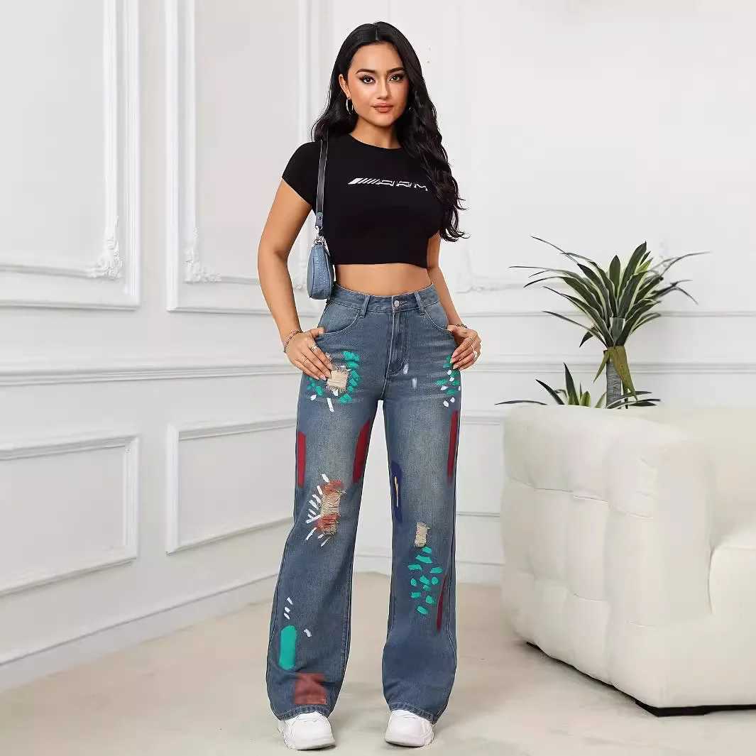 Women's Jeans American retro loose casual high waisted long jeans womens spring and summer new graffiti torn straight leg jeans H241130