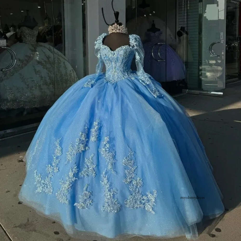 Mexican Sky Blue Off The Shoulder Ball Gown Quinceanera Beaded Lace Appliques Long Sleeved Birthday Gowns Sweet 16 Dress 0431