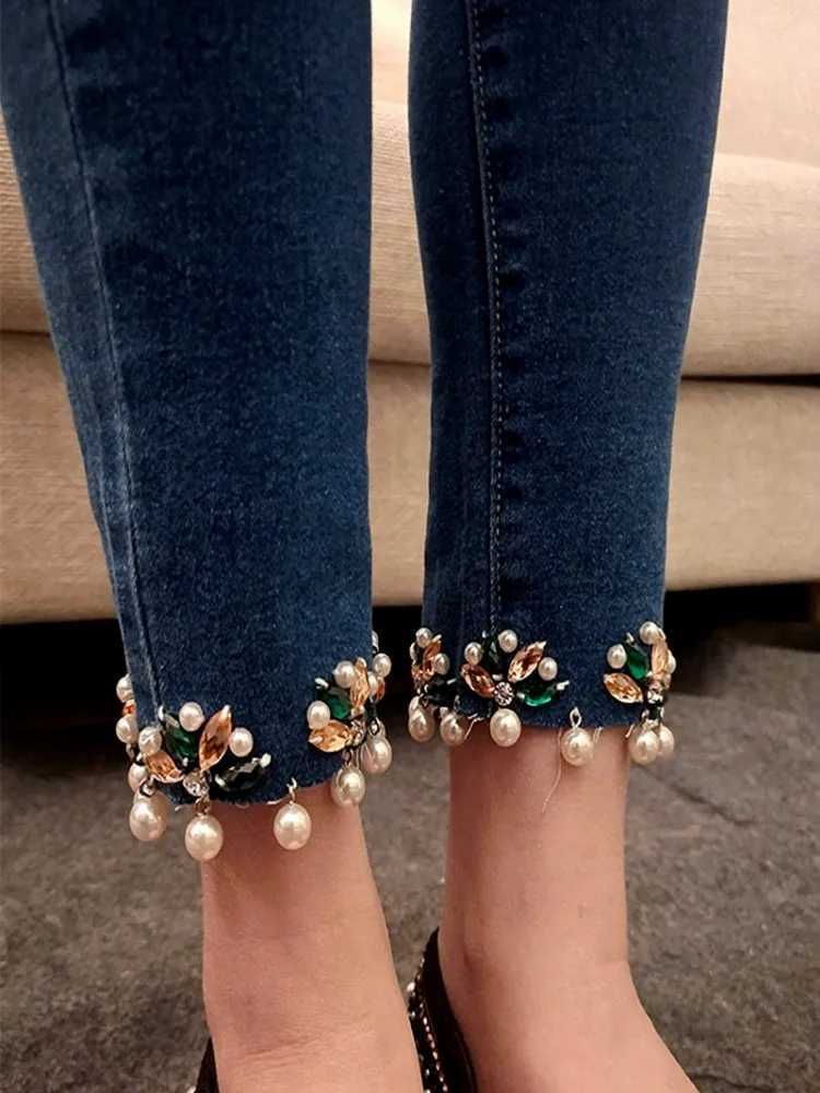 Women's Jeans Fashionable womens blue diamond bead denim pants ankle length pearls spring jeans mens slim fit pencil pants H241130