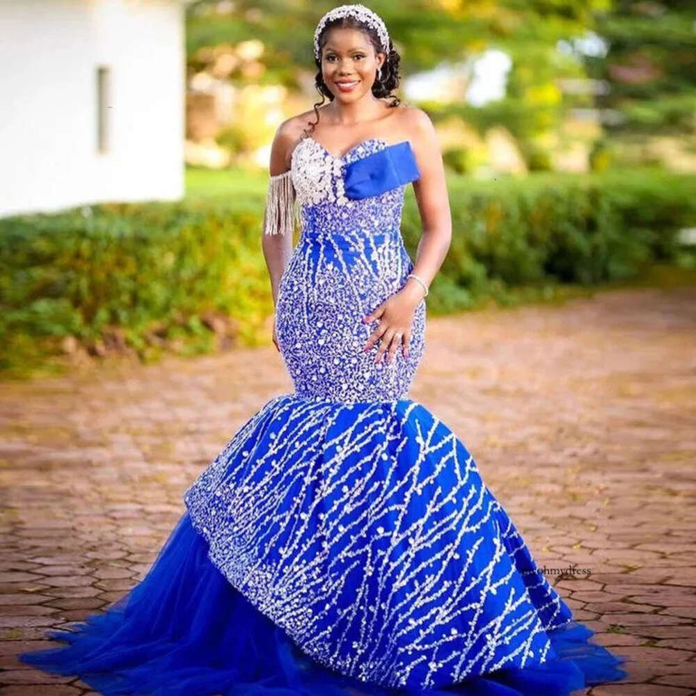 Aso Ebi African Women Royal Blue Prom Dress With Sweetheart Tassels Sequins Lace Appliques Plus Size Tiered Sweep Train Evening Gowns Vestidos De Novi