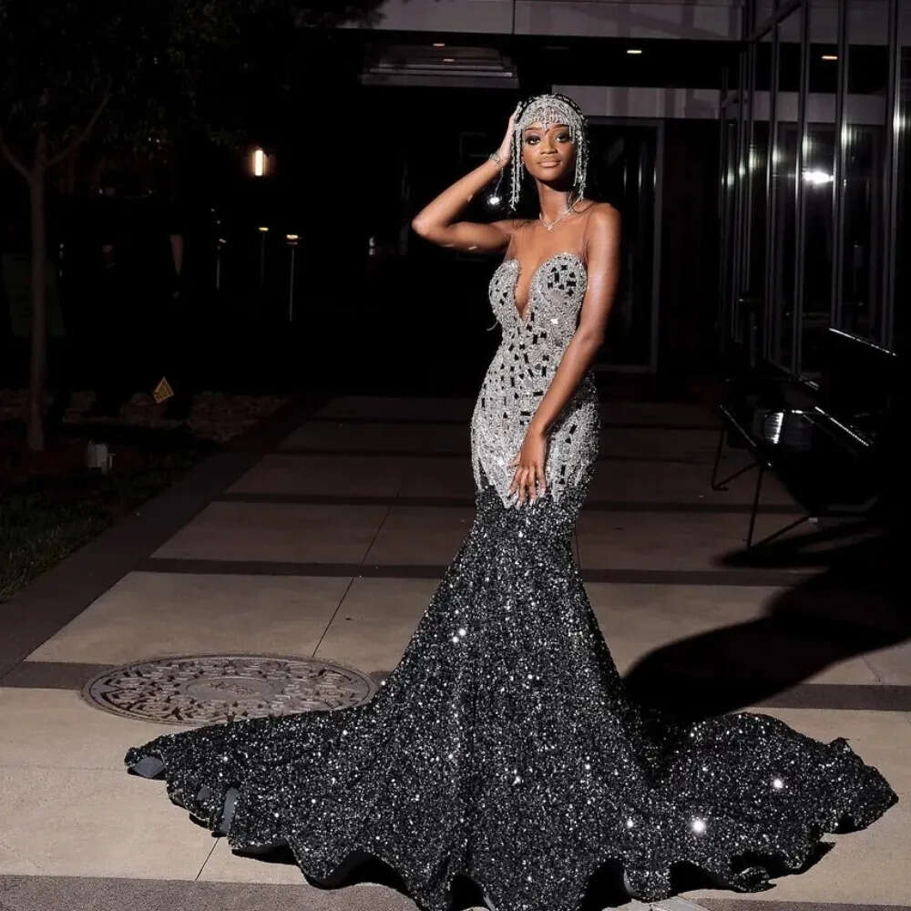 Sier Rhinestones Sequin Prom 2024 For Blackgirls Crystal Beaded Long Evening Dress Special Ocn Gown 0431