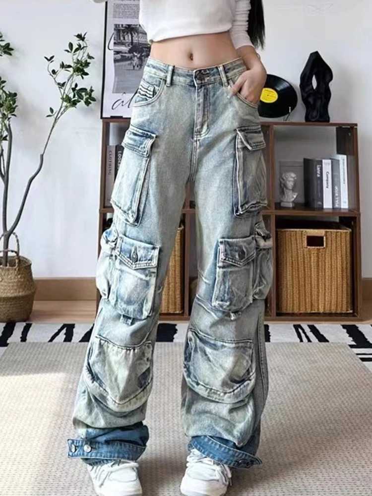 Women's Jeans Retro fashion womens gradient multi pocket jeans 2023 winter new high waisted button cargo denim pants womens 33A538 H241130