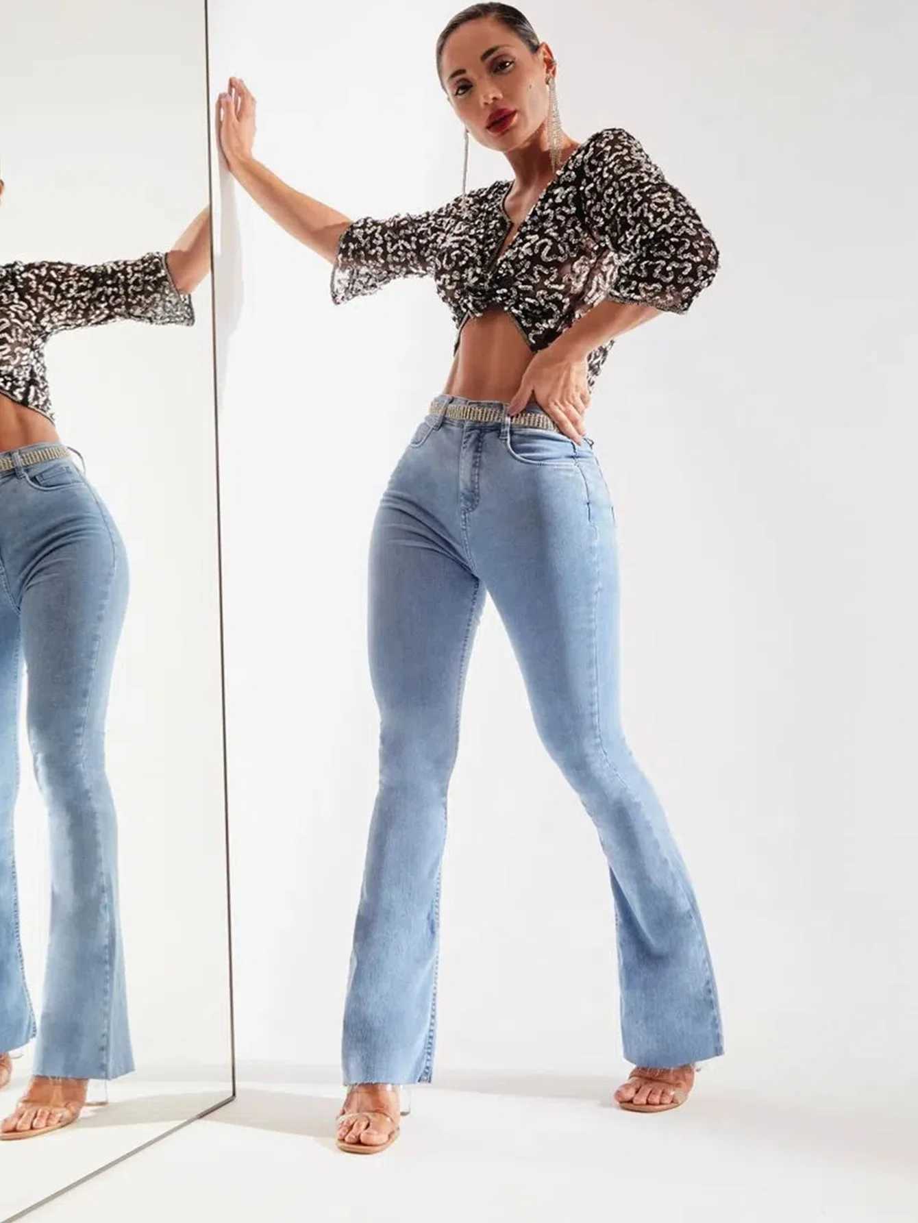 Women's Jeans Strecth Jeans Womens Denim Flare Pants 2024 Autumn Button Pocket Basic Denim Strtwear Womens Retro Laundry Trouser H241130