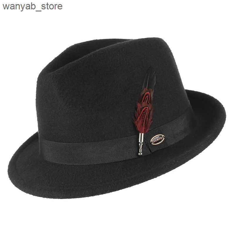 Wide Brim Hats Bucket Hats Vintage Black Felt Jazz Hats for Men Women Short Brim Gentleman Soft Trilby Fedora Hat with Feather L240910
