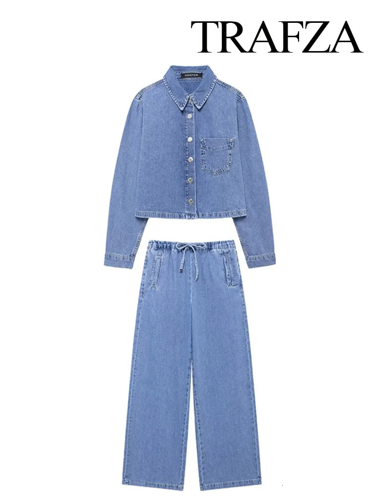 TRAFZA Autumn Fashion Women Suits Solid TurnDown Collar Pocket Single Breasted Denim ShirtsHigh Waist LaceUp Jeans Female Set 241129