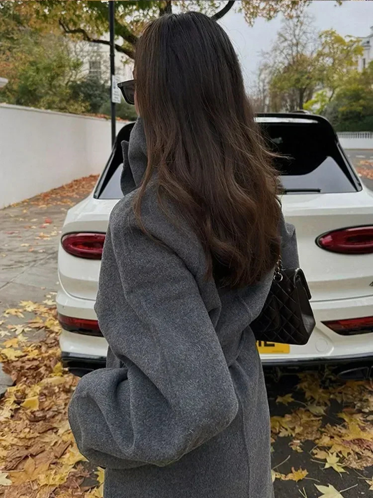 Elegant Winter Lace Up Stand Collar Woolen Blends Coat Women Single Breasted Full Sleeve High Waist Jacket Office Streetwear 241129