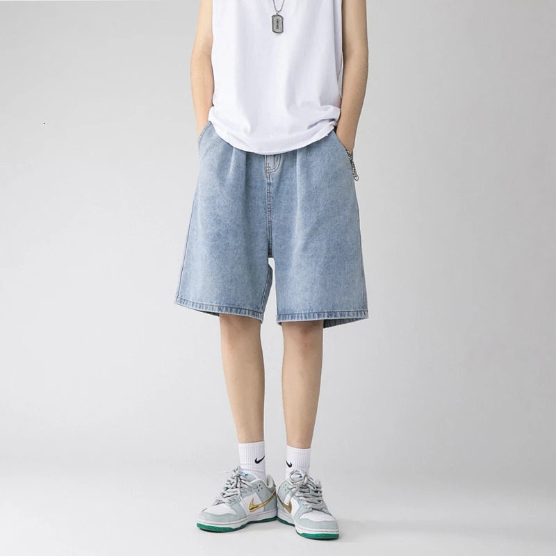 Summer Mens Baggy Straight Denim Shorts Korean Style Fashion Casual Loose Short Jeans Male Light Blue Black 240415