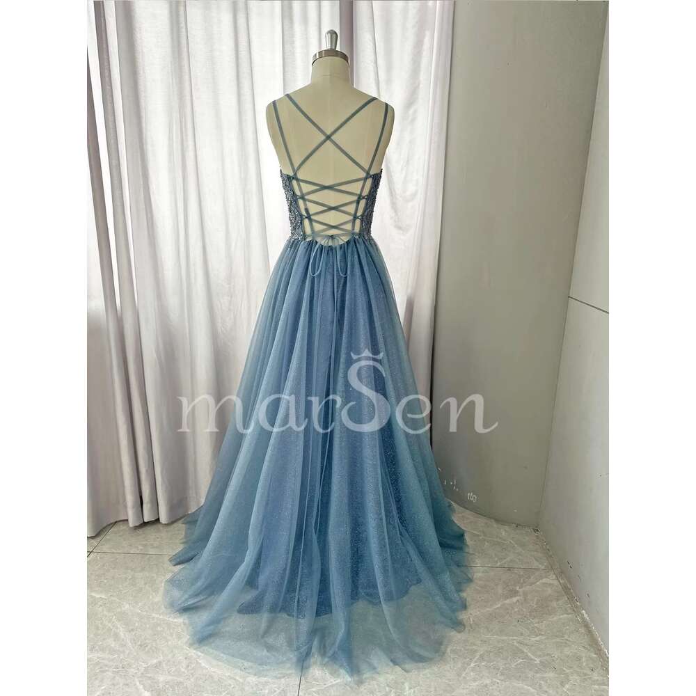 Neck Glitter V Tulle Prom Lace Appliques Ball Gown for Women A Line Spaghetti Straps Formal Dresses with Split prom AMZ MZ