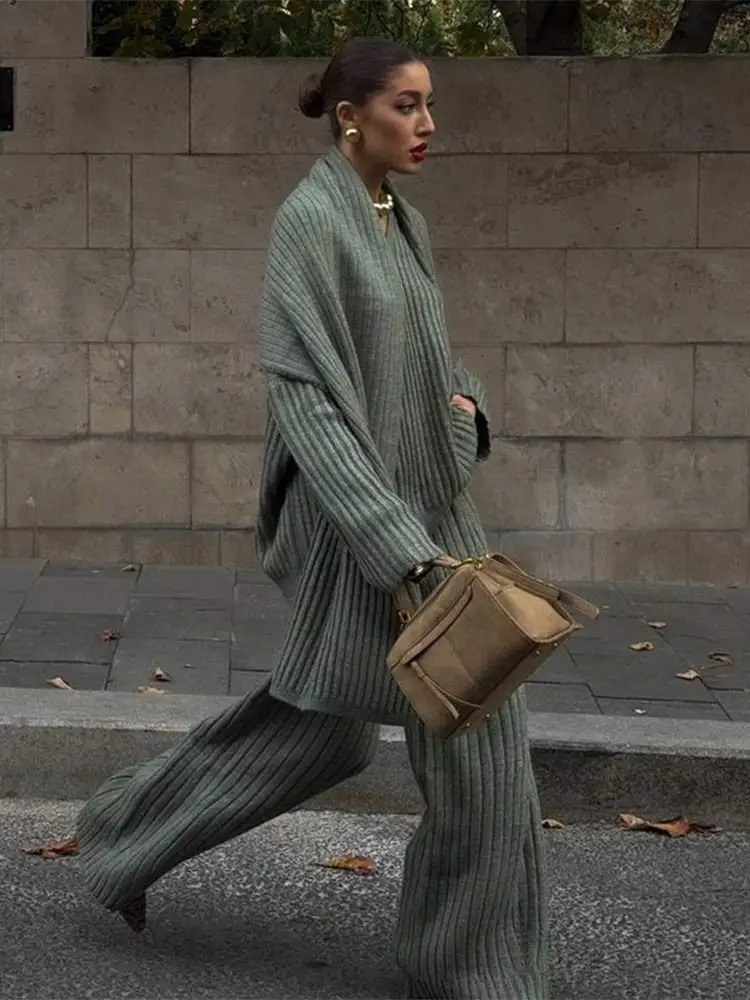 Chic Burgundy Scarf Collar Sweater Set Woman 2 Pieces Fashion Oversize Sweaters Wide Leg Pants 2024 Ladies Street Outwears 241129