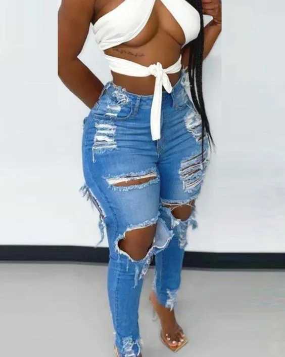 Women's Jeans Womens denim perforated jeans laundry pencil pants high waisted zipper flying slim pocket full-length spring 2024 T-shirt H241130