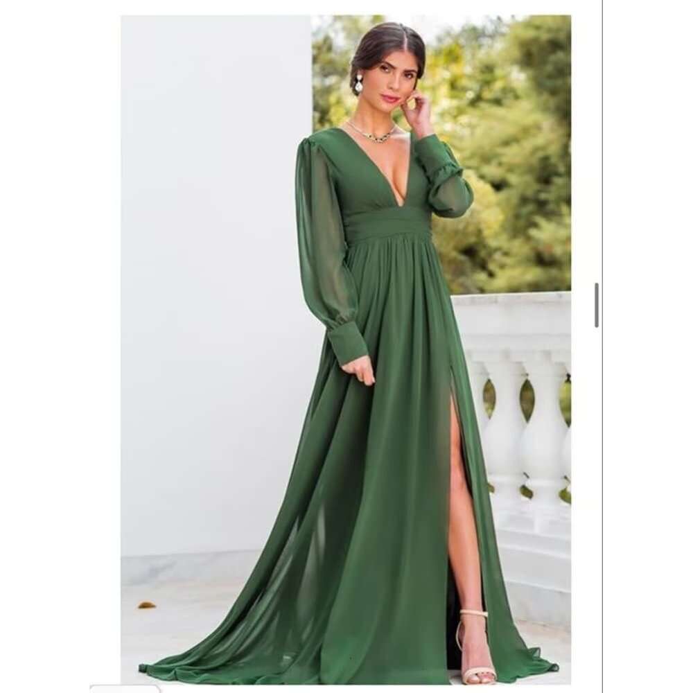 Prom Long Sleeves Deep V Neck Chiffon Formal Dresses for Women Split Evening Party Gwon prom AMZ