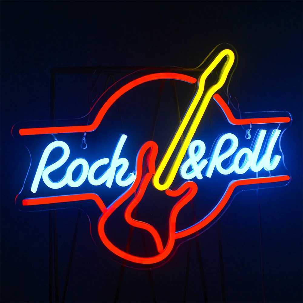Rock Roll Neon Signs Guitar Music Led Neon Light Art Wall Decor for Game Room Music Party Rock Studio Bar Disco Party Neon Z241130