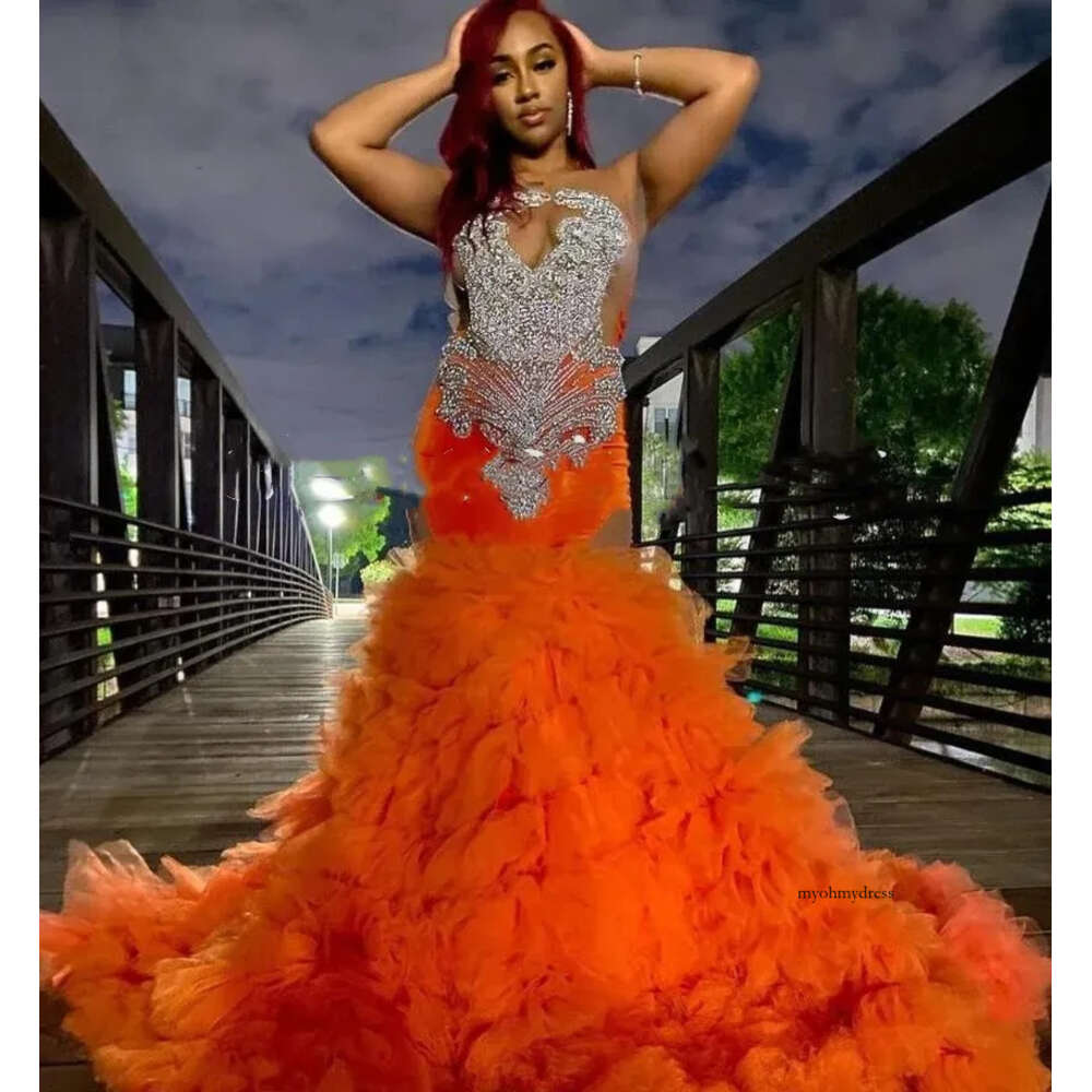 Orange Ruffles Bottom Mermaid Prom Formal Dresses For Women Sparkly Diamond Crystal Evening Birthday Gown Robe De Soiree 0431