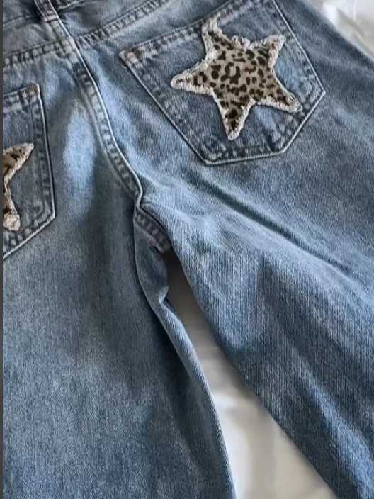 Women's Jeans Y2K New Retro Blue Jeans Womens Harajuku Leopard Printed Star Pocket Patch Jeans Gothic High Waist Straight Pants Trousers H241130