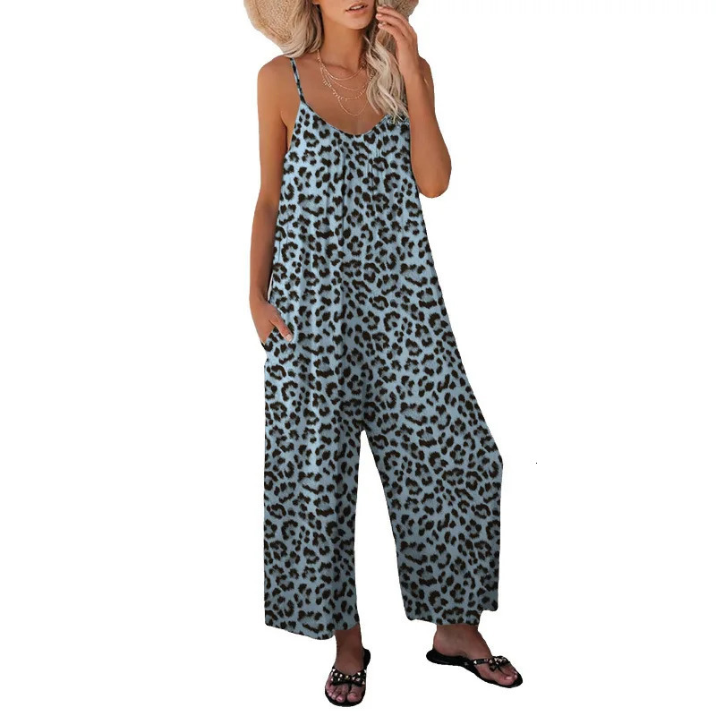 2023 Summer Womens Pants Cross Border Leopard Pattern Pocket Loose Casual Strap Jumpsuit 241120