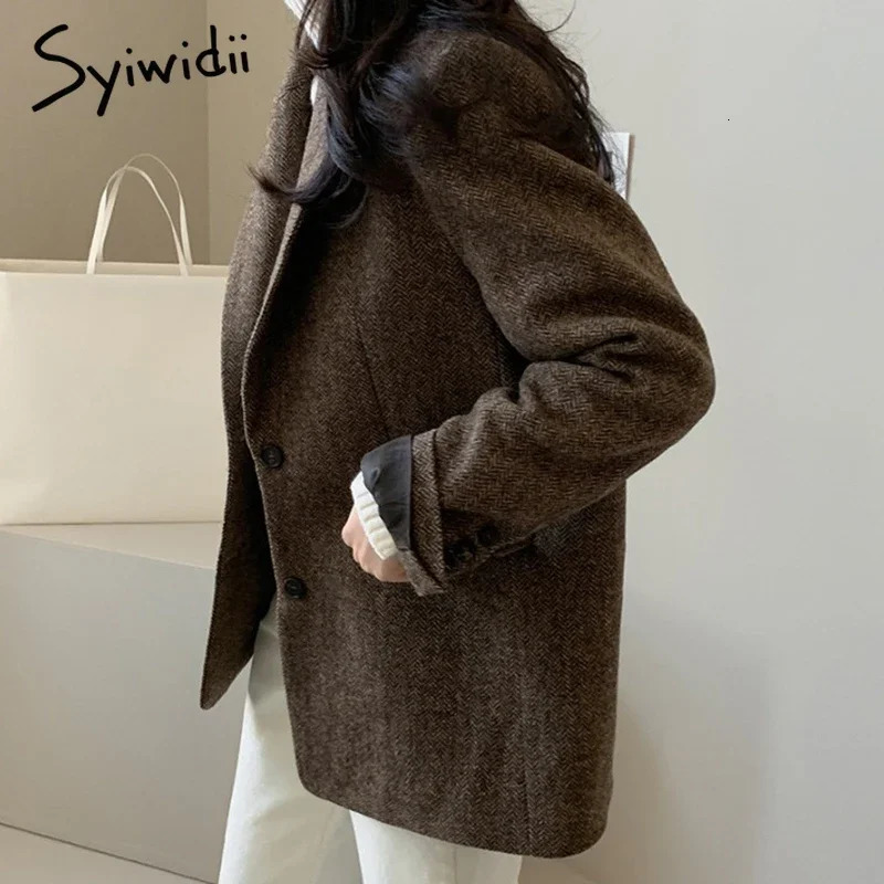 Syiwidii Womens Elegant Woolen Blazer Coat Causal Lapel Pockets Single Breasted Coats Autumn Winter Fashion Commut Lady Outwear 241121