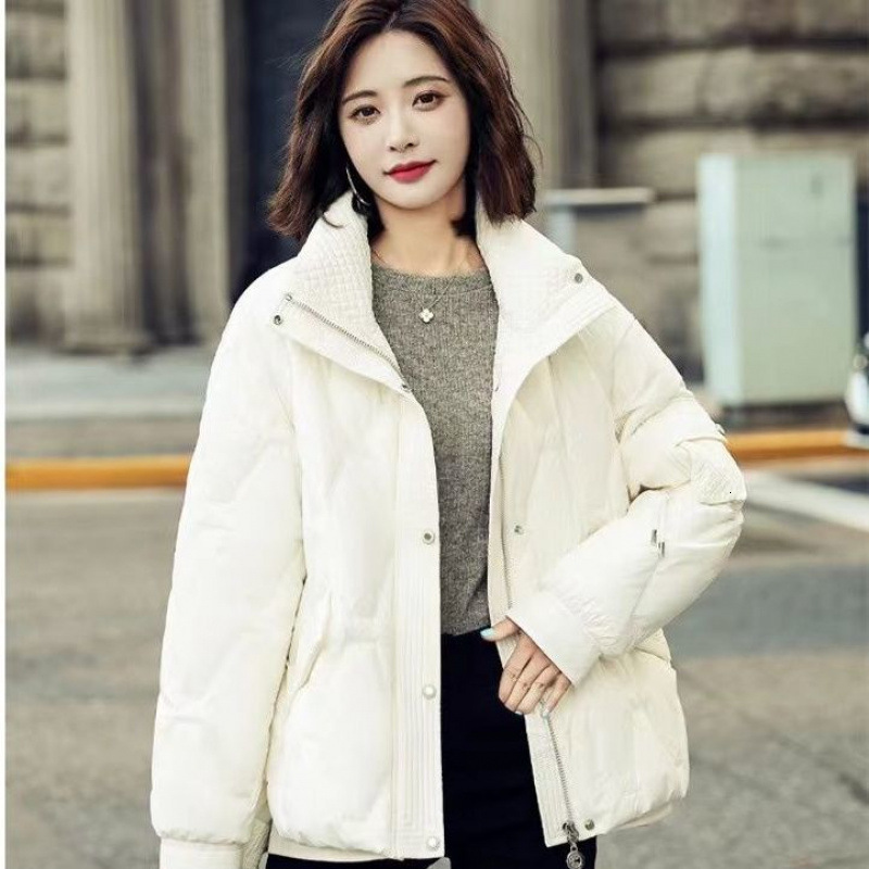 New white duck down short winter version, Korean loose and fashionable women's stand up collar versatile jacket, trendy designer cotton jacket
