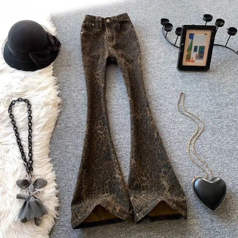 Fashion Leopard Print Bootcut High Waisted Jeans Women American Retro New Trousers Trendy Haruku Stretch Flared Pants