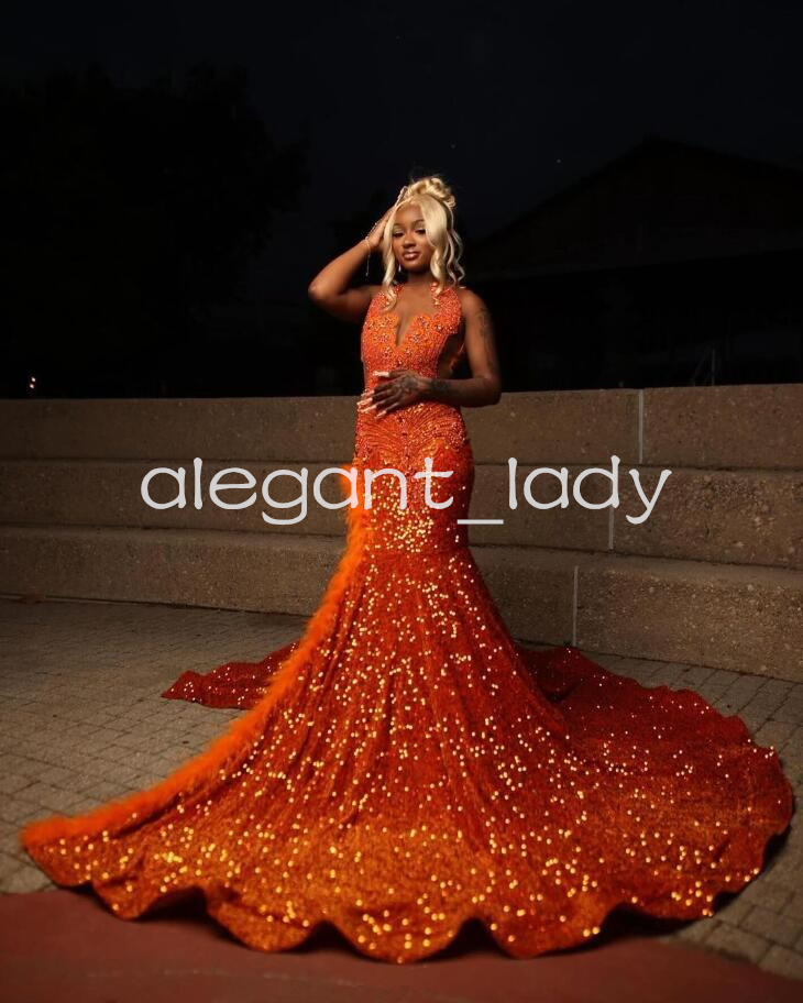 Orange Sparkly Mermaid Evneing Ceremony Party Dresses for Black Girl Luxury Diamond Velvet Slit Prom Gala Formal Dress Wear evening