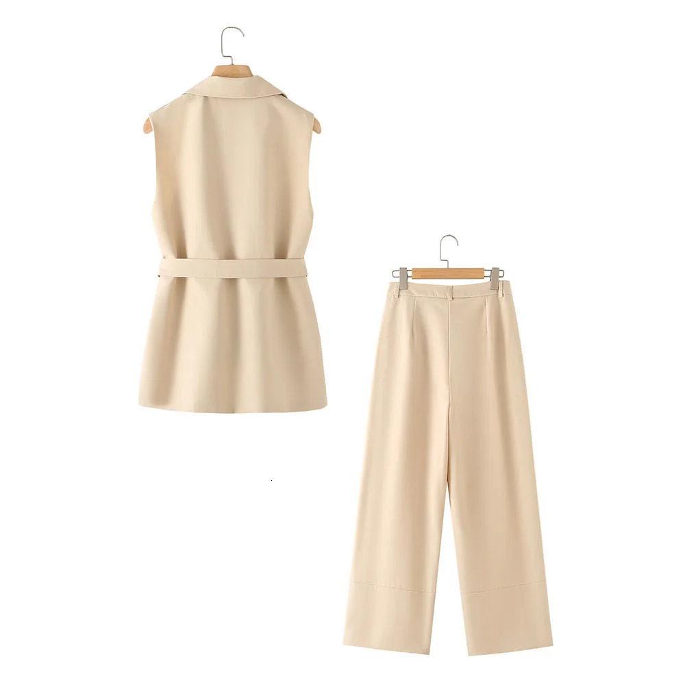 Spring Womens Fashion Style Belt Decoration Double breasted Vest Coat High Waist Straight Leg Pants Set 240423