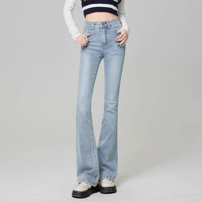 Womens Retro Street Bell Bottom Jeans Womens Sexy Slim Fit Denim Shining Pants Dark Blue Light Blue Black Grey Trousers 241122